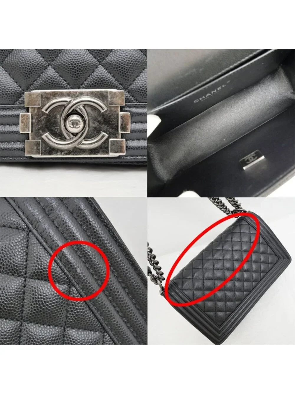 Chanel Boy 25 Chain Shoulder Bag Caviar Leather Quilted Black Gun